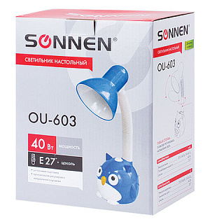 Светильник настольный SONNEN OU-603, на подставке, цоколь Е27, "Сова", синий, 236674