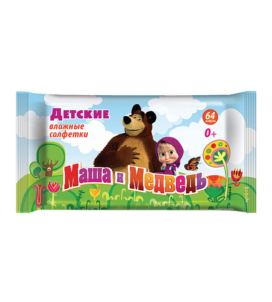 Салфетки влажные детские Маша и Медведь влажные 0+ 64 штук в упаковке
