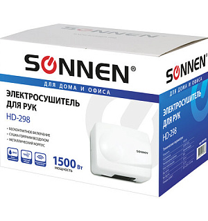Сушилка для рук SONNEN HD-298, 1500 Вт, металлический корпус, антивандальная, белая, 604193