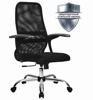 Кресло МЕТТА "SU-C-8-Т" хром, с подлокотниками, ткань-сетка, сиденье мягкое, черное