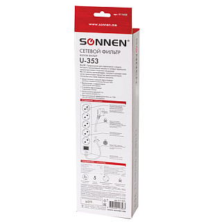 Сетевой фильтр SONNEN U-353, 5 розеток, с заземлением, выключатель, 10 А, 3 м, белый, 511425