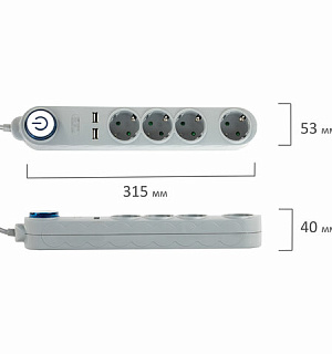 Сетевой фильтр SONNEN DX04, 4 розетки, 2 USB-порта, с заземлением, 10 А, 1,5 м, серый, 513493