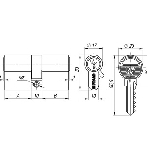 Цилиндровый механизм Fuaro 100 ZA 70 (30х10х30) PB, 5 ключей, цвет латунь