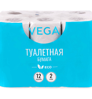 Бумага туалетная Vega 2-слойная, 12шт., эко, 15м, тиснение, белая