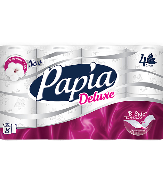 Бумага туалетная Papia "Deluxe", 4-слойная, 8шт., тиснение, белая