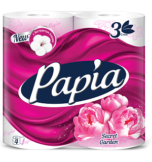 Бумага туалетная Papia "Secret Garden", 3-слойная, 4шт., ароматизир., розов. тиснение, белый