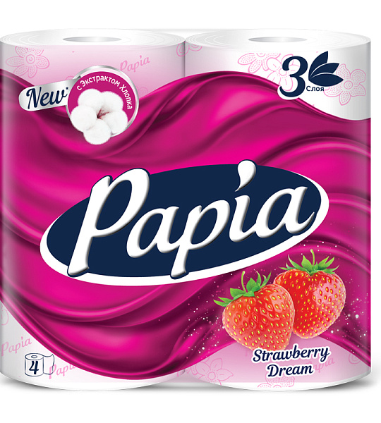 Бумага туалетная Papia "Strawberry Dream", 3-слойная, 4шт., ароматизир., розов. тиснение, белый