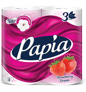 Бумага туалетная Papia "Strawberry Dream", 3-слойная, 4шт., ароматизир., розов. тиснение, белый