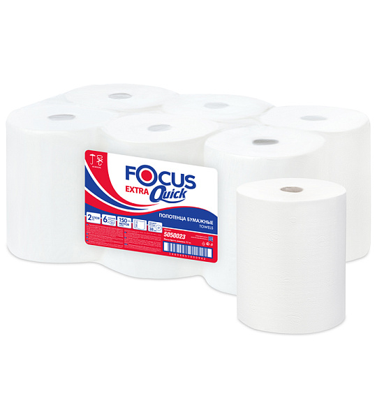 Полотенца бумажные в рулонах Focus Extra Quick, 2-слойные, 150м/рул, втулка 38мм, белые