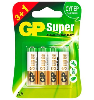 Батарейки GP Super, AA (LR6,15А), алкалиновые, пальчиковые, КОМПЛЕКТ 4 шт, ПРОМО 3+1,, 15A3/1-2CR4