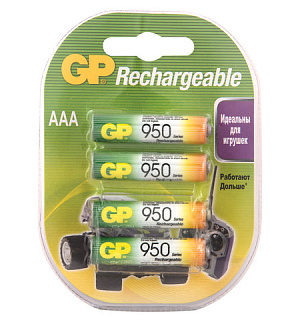 Батарейки аккумуляторные КОМПЛЕКТ 4 шт., GP, AAA (HR03), Ni-Mh, 950 mAh, блистер, 95AAAHC-2DECRC4