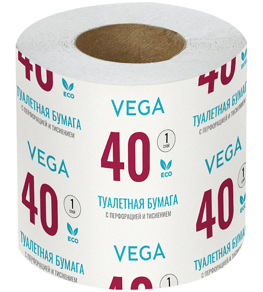 Бумага туалетная Vega, 1-слойная, 40м/рул., на втулке, с перф., с тиснением, белая