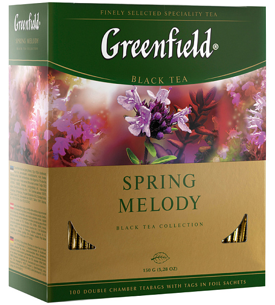 Чай Greenfield "Spring Melody", черный, с ароматом мяты, чабреца, 100 фольг. пакетиков по 1,5г