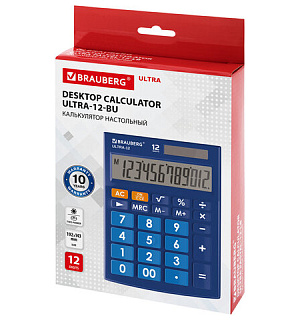 Калькулятор настольный BRAUBERG ULTRA-12-BU (192x143 мм), 12 разрядов, двойное питание, СИНИЙ, 250492