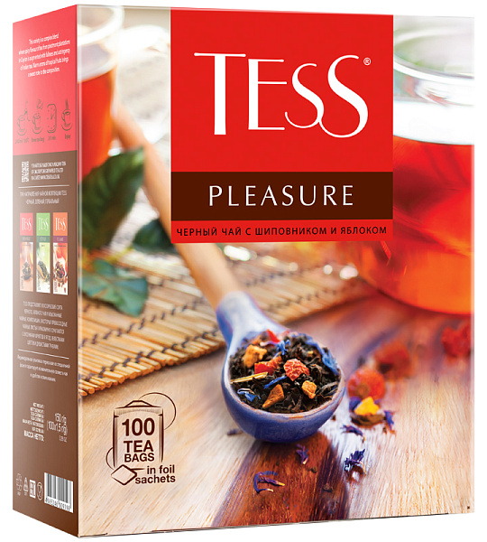 Чай Tess "Pleasure", черный, тропич. фрукты, лепестки цветов, шиповник, яблоко, 100 фольг. пак. по 1,5г