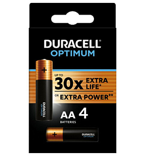 Батарейки КОМПЛЕКТ 4шт DURACELL Optimum AA(LR6,15А), х30 мощность, алкалин, пальчиковые, (ш/к 8696), 5014061