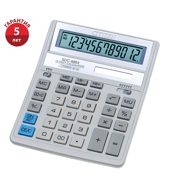 Калькулятор настольный Citizen SDC-888XWH, 12 разрядов, двойное питание, 158*203*31мм, белый