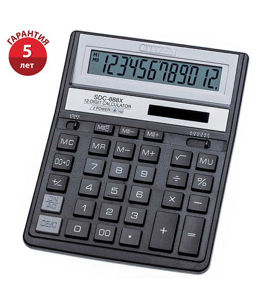 Калькулятор настольный Citizen SDC-888XBK, 12 разрядов, двойное питание, 158*203*31мм, черный