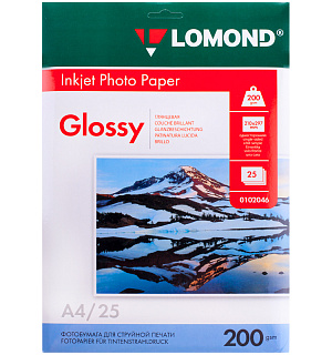 Фотобумага А4 для стр. принтеров Lomond, 200г/м2 (25л) глянцевая односторонняя