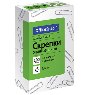 Скрепки 28мм, OfficeSpace, 100шт., оцинкованные, карт. упаковка