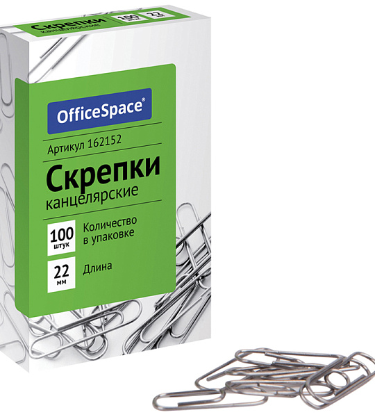 Скрепки 22мм, OfficeSpace, 100шт., карт. упаковка