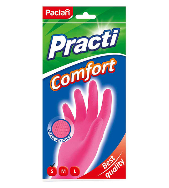 Перчатки резиновые Paclan "Practi.Comfort", S, розовые, пакет с европодвесом