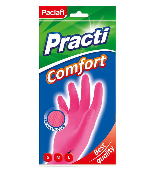Перчатки резиновые Paclan "Practi.Comfort", L, розовые, пакет с европодвесом