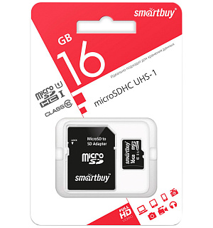 Карта памяти SmartBuy MicroSDHC 16GB, Class 10, скорость чтения 10Мб/сек (c адаптером SD)