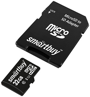 Карта памяти SmartBuy MicroSDHC 32GB, Class 10, скорость чтения 10Мб/сек (с адаптером SD)