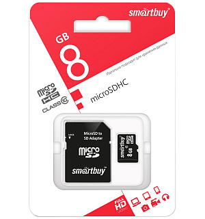 Карта памяти SmartBuy MicroSDHC 8GB, Class 10, скорость чтения 10Мб/сек (с адаптером SD)