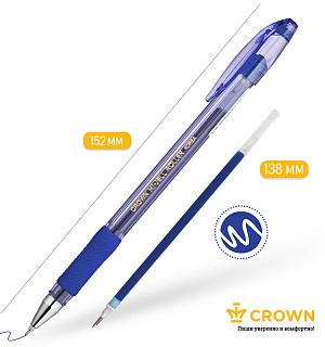 Ручка гелевая Crown "Hi-Jell Needle Grip" синяя, 0,7мм, грип, игольчатый стержень, штрих-код
