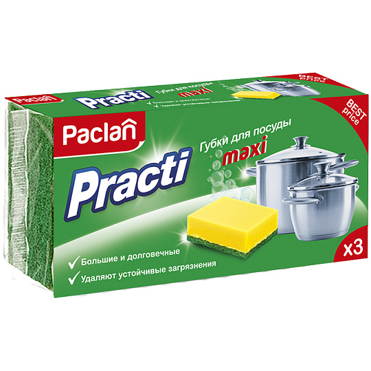 Губки для посуды Paclan "Practi Maxi", поролон с абразивным слоем, 3шт.