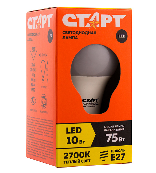 Лампа светодиодная Старт LED, серия "ЭКО" 10W30, тип А "груша", E27,  2700К, теплый свет,15000ч