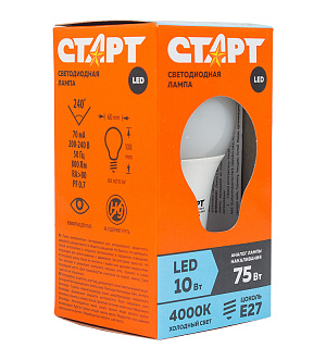 Лампа светодиодная Старт LED, серия "ЭКО" 10W40, тип А "груша", E27, 4000К, холодный свет, 15000ч