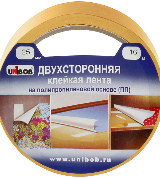 Клейкая лента двусторонняя Unibob, 25мм*10м, полипропилен, инд. упаковка